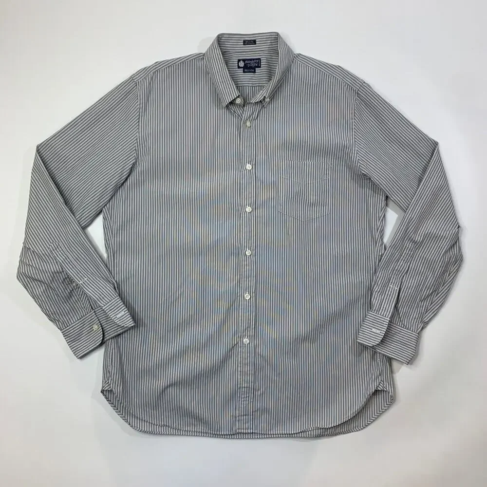 J Crew Shirt Mens XL Gray White Cotton 80s 2Ply Haberdashery Striped Button Down